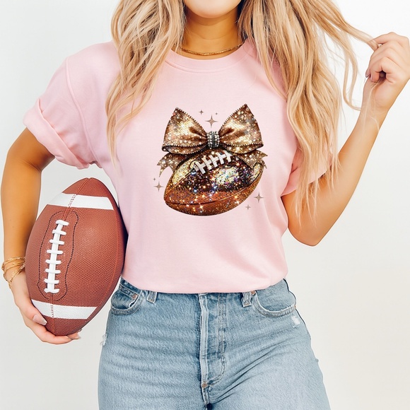 🏈 Sparkle & Spike: Gold Glitter Football Bow t-shirt. Touch down game ready - Picture 5 of 15